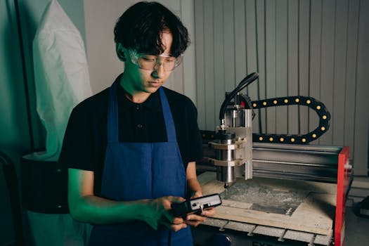 An engineer wearing safety glasses operates advanced machinery in a workshop setting.